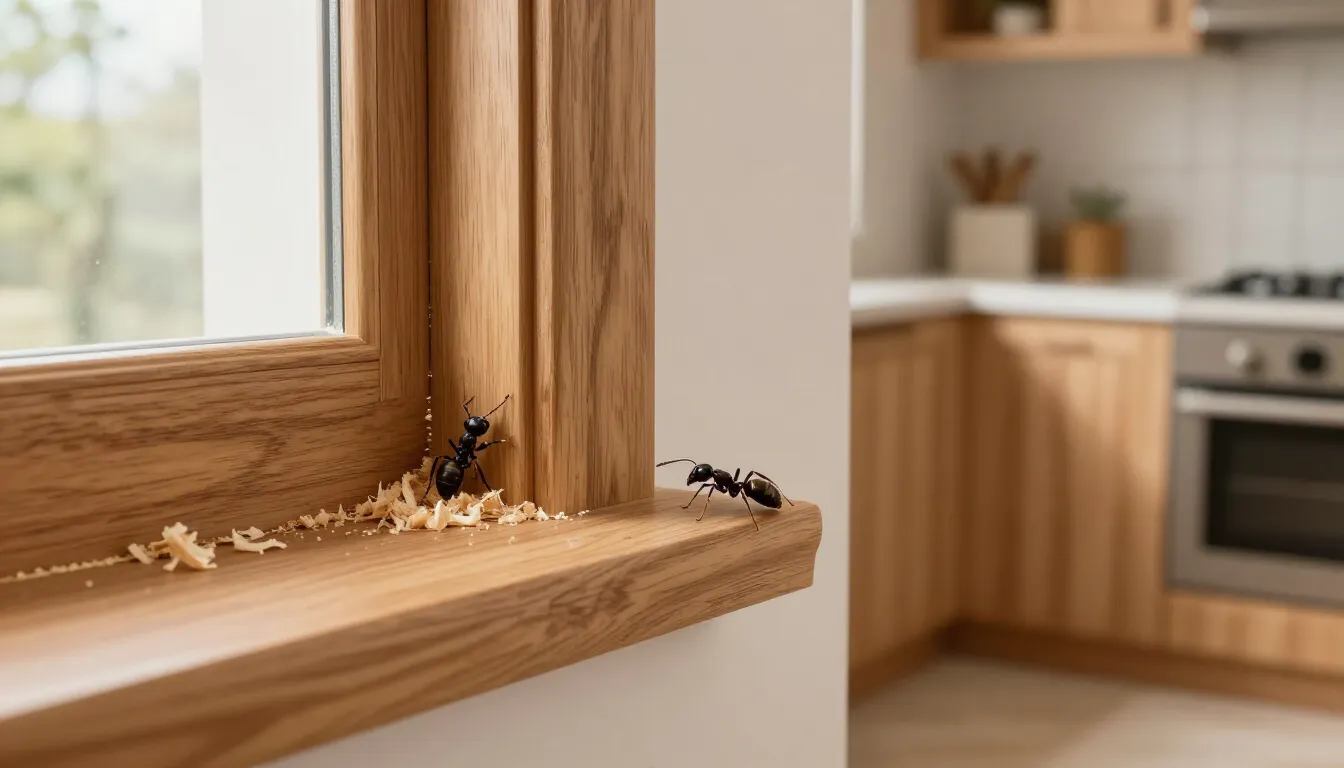Carpenter ants beside wood shavings on a window sill
