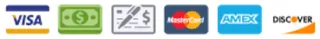 Payment methods icons: Visa, cash, check, Mastercard, AMEX, Discover.